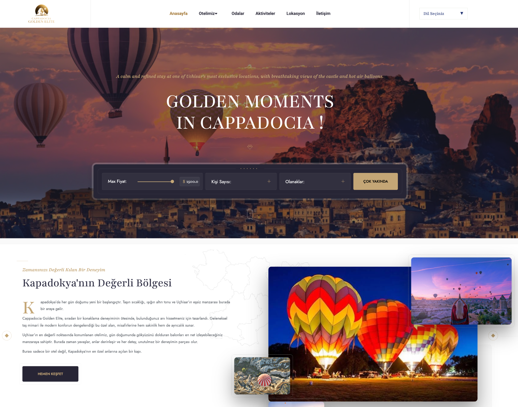 Cappadocia Golden Elite web ve rezervasyon arayüzü