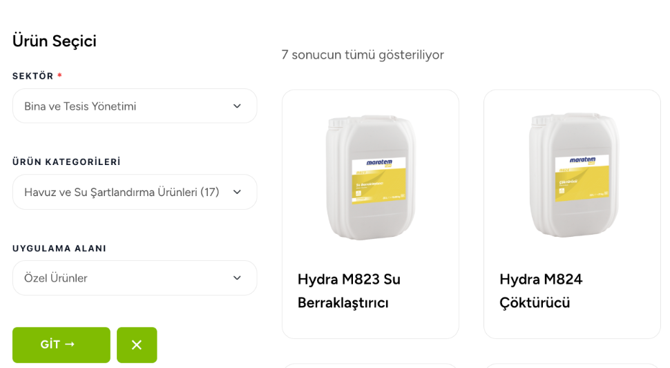 Maratem ürün filtreleme arayüzü